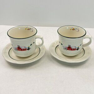 Vtg Set of 2 Pfaltzgraff Snow Village Christmas Farmhouse Coffee Mug Saucer Set
